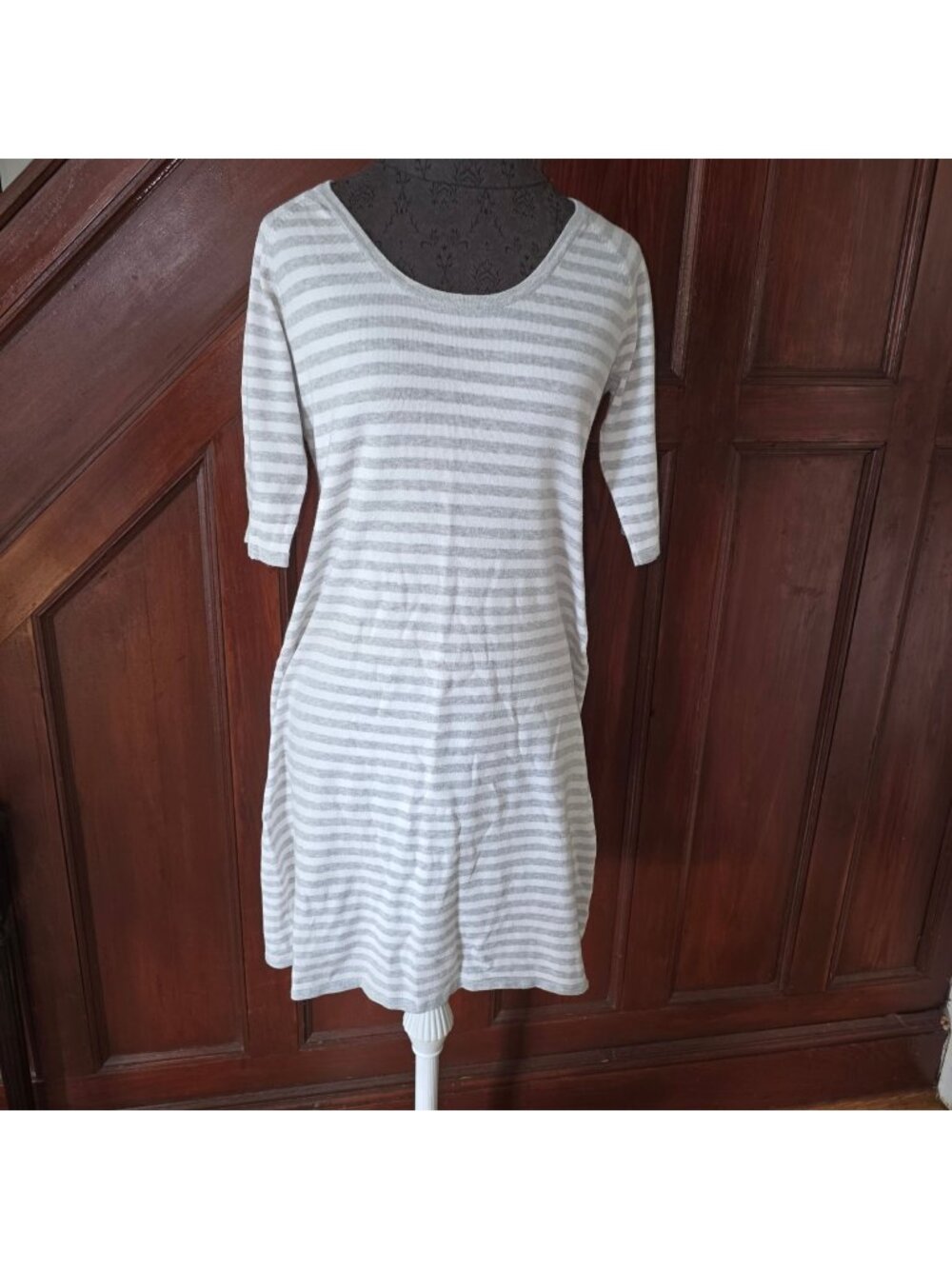 Garnet Hill Womens Gray & White Striped Knit Tunic Dress Medium Cotton Blend